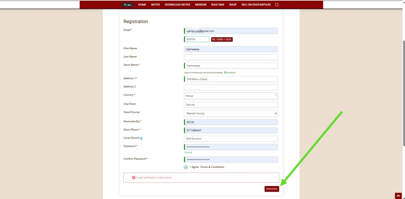 Registration screen