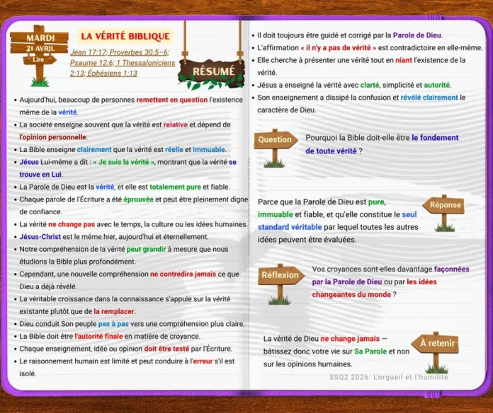 La vérité biblique | Mardi | 21 Avril La vérité biblique leçon École du Sabbat Parole de Dieu