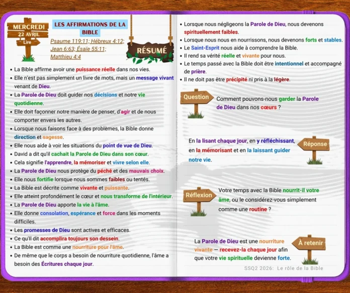 Les affirmations de la Bible | Mercredi | 22 Avril Les affirmations de la Bible leçon École du Sabbat Parole vivante de Dieu