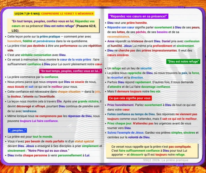 Leçon 7 | Comprendre le Psaume 62:8 Comprendre le Psaume 62:8 leçon École du Sabbat sur la prière