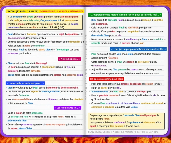 Leçon 1 | Comprendre Actes 18:9 -10 | 27 Juin – 3 Juillet Comprendre Actes 18:9 -10 montrant Dieu encourageant Paul à prêcher avec assurance à Corinthe.