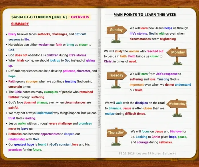 Lesson 11 Overview | Sabbath Afternoon | June 6 Lesson 11 Overview showing a Christian believer trusting God through life's setbacks while finding hope and strength in Jesus Christ.