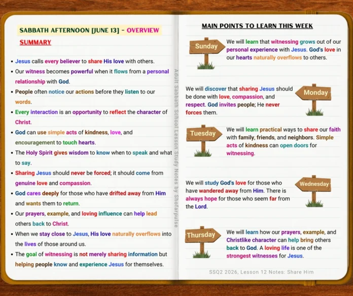 Lesson 12 Overview showing Christians sharing God's love through kindness, prayer, compassion, and Christlike service