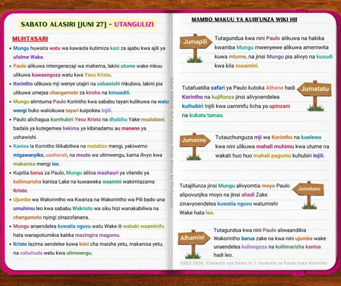 Muhtasari wa Somo la 1 | Sabato Alasiri| 27 Juni | Muhtasari wa Somo la 1 unaoonyesha utume wa Paulo huko Korintho na wito wa Mungu wa huduma ya uaminifu ya Injili.
