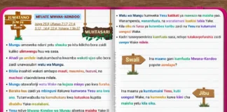 Mfuate Mwana-Kondoo ikionyesha waumini waliokombolewa wakimfuata Yesu kuelekea furaha ya milele na amani isiyo na mwisho
