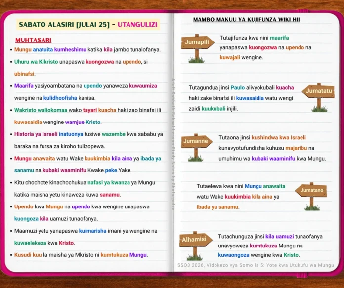 Picha ya jalada la Muhtasari wa Somo la 5 kutoka Mwongozo wa Watu Wazima wa Mafunzo ya Biblia ya Shule ya Sabato (ABSG Q3 2026), ikionyesha uhuru wa Kikristo, upendo, uaminifu, na kuishi kwa utukufu wa Mungu.