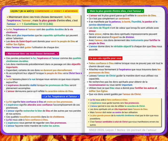 Image de couverture de Comprendre 1 Corinthiens 13:13, tirée de la leçon 7 du Guide d’étude de l’École du Sabbat pour Adultes (ABSG T3 2026), mettant en valeur la foi, l’espérance, l’amour et la maturité chrétienne à l’image de Christ.