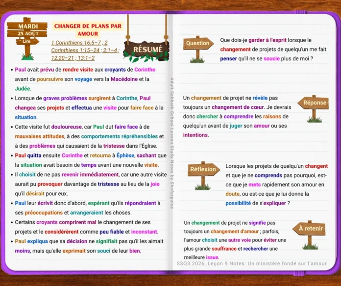Changer de plans par amour dans la Leçon 9, montrant comment le changement de projets de Paul reflétait son souci et son amour pour les croyants de Corinthe