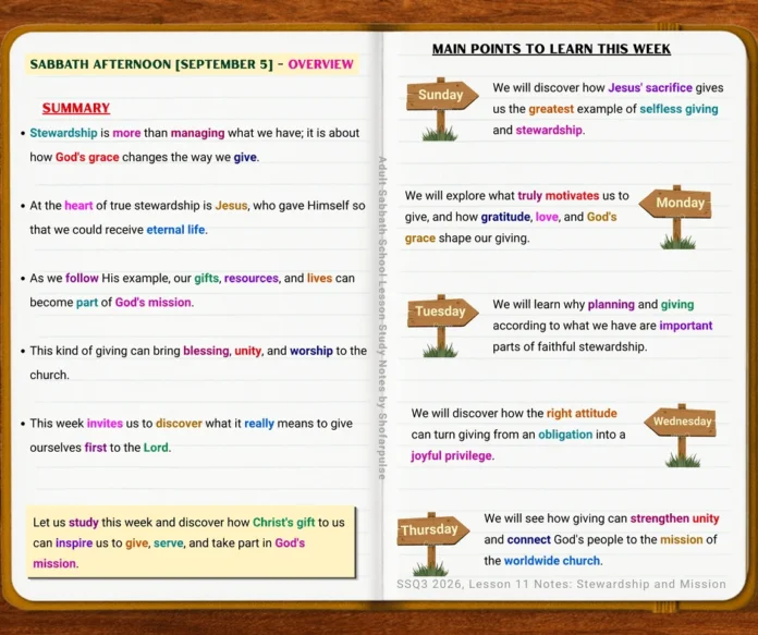 Lesson 11 Overview showing believers responding to Christ's grace through faithful stewardship and joyful giving