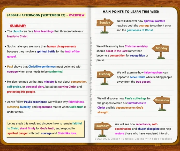 Lesson 12 Overview showing spiritual warfare, faithfulness to Christ, and standing firmly for God's truth