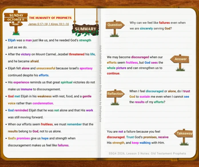 The Humanity of Prophets lesson showing Elijah receiving God's care and strength during discouragement